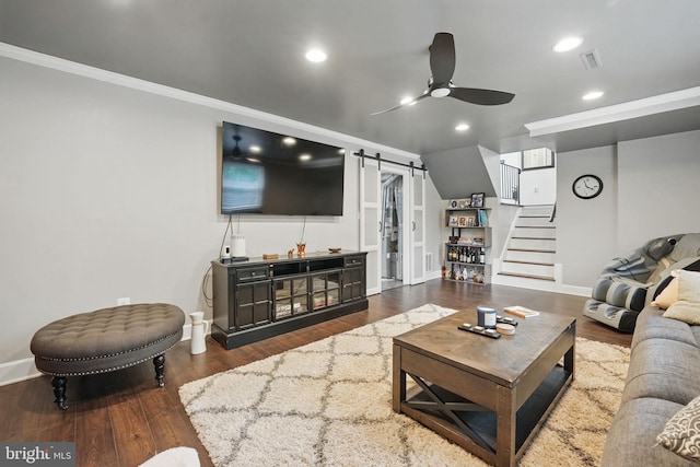6404 Yates Ford Rd, Manassas, VA 20111 - living room with a barn door, a ceiling fan, stairs, recessed lighting, and crown molding
