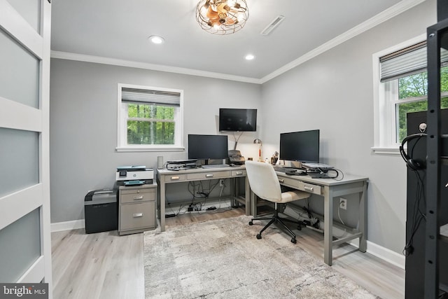6404 Yates Ford Rd, Manassas, VA 20111 - home office featuring crown molding, light wood-type flooring, healthy amount of natural light, baseboards, and recessed lighting