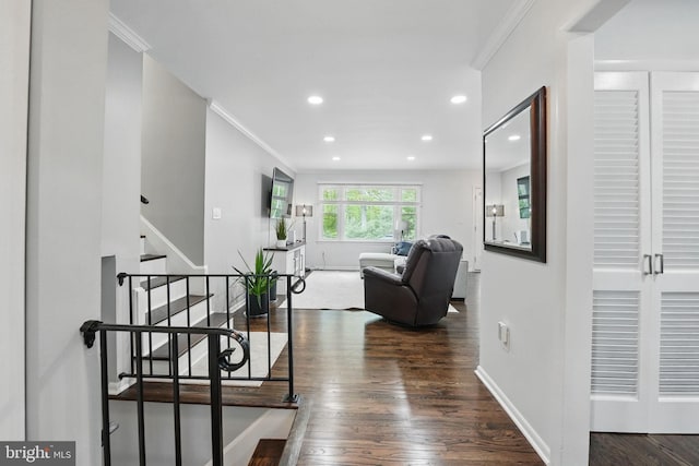 6404 Yates Ford Rd, Manassas, VA 20111 - corridor featuring ornamental molding, recessed lighting, dark wood-style flooring, baseboards, and stairway