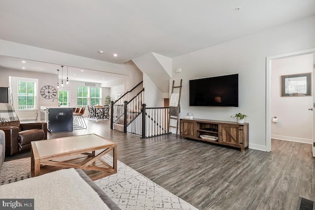 14540 Grace Kellen Ave, Brandywine, MD 20613 - living room featuring wood finished floors, baseboards, recessed lighting, and stairway