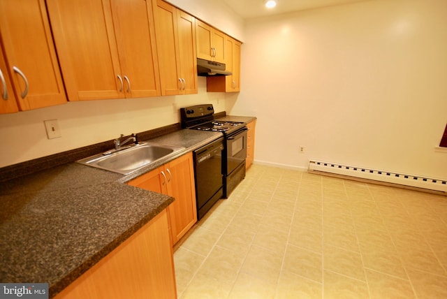 kitchen featuring a sink, black appliances, under cabinet range hood, baseboard heating, and dark countertops
