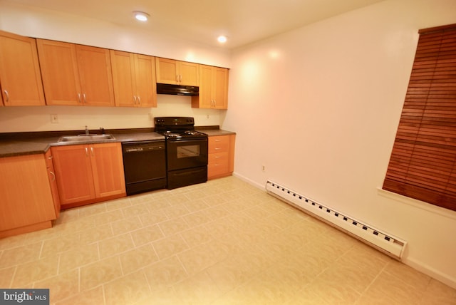 kitchen with a sink, dark countertops, a baseboard heating unit, black appliances, and under cabinet range hood