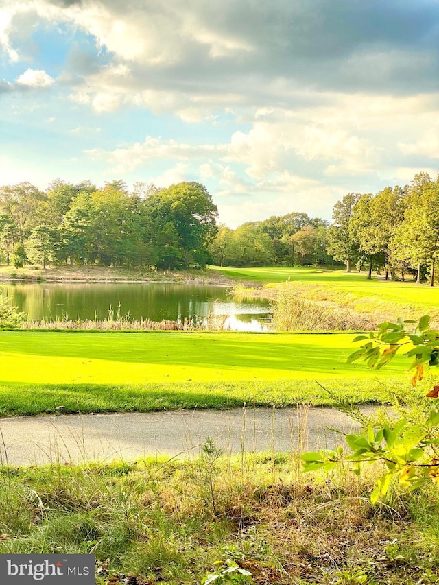 view of property's community featuring view of golf course and a water view