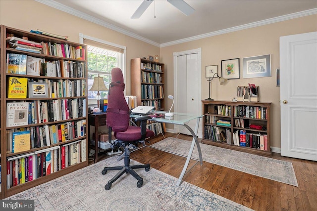8513 Bound Brook Ln, Alexandria, VA 22309 - office space featuring wood finished floors, crown molding, a ceiling fan, and baseboards