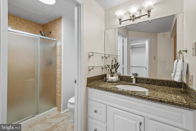 bathroom featuring a shower stall, a textured ceiling, toilet, and vanity
