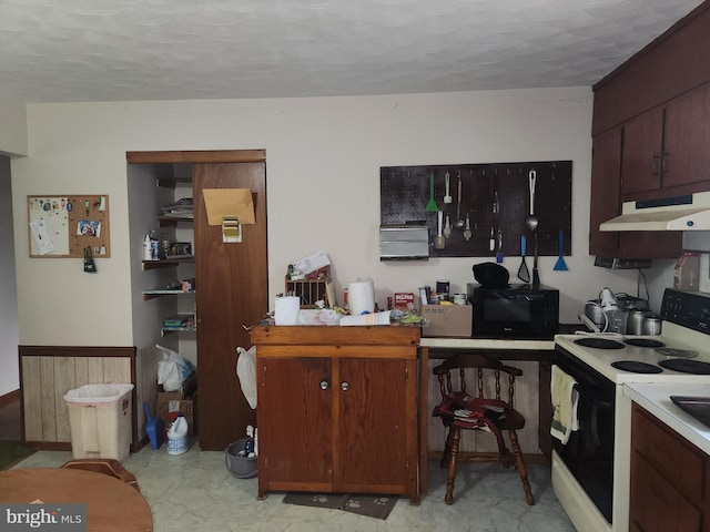 2153 Turnpike Rd, Elizabethtown, PA 17022 - kitchen with electric range, under cabinet range hood, black microwave, light countertops, and a textured ceiling