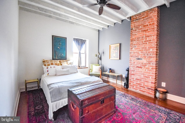 1830 Columbia Rd NW, Washington, DC 20009 - bedroom featuring baseboards, beamed ceiling, a ceiling fan, and wood finished floors