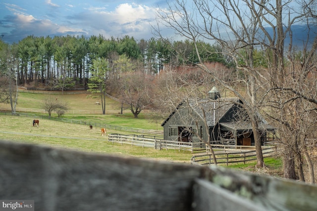 view of community with an outbuilding, an exterior structure, and a view of rural / pastoral area