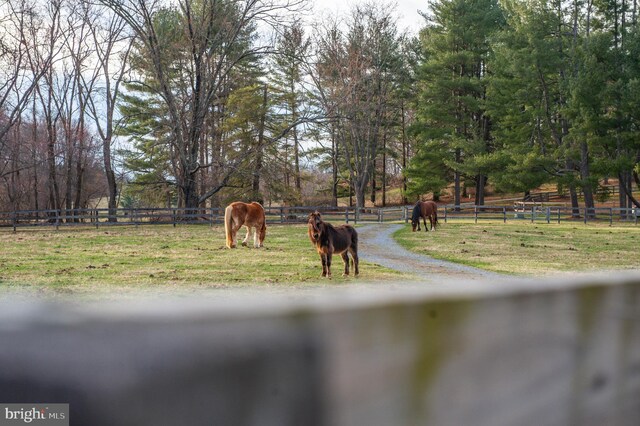 view of home's community featuring fence, a rural view, and gravel driveway
