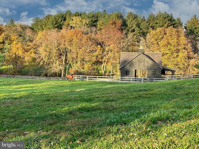 view of yard featuring a view of rural / pastoral area and a wooded view