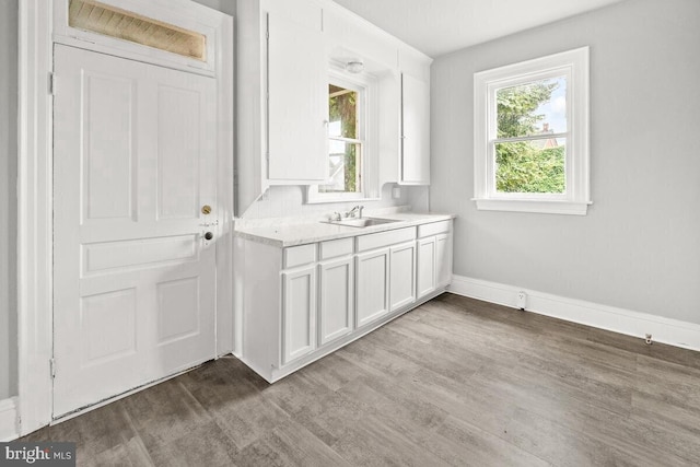 interior space featuring baseboards, a sink, and wood finished floors