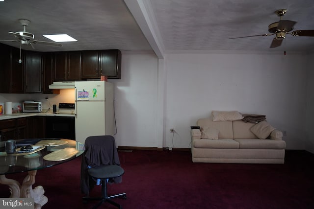 kitchen with under cabinet range hood, freestanding refrigerator, ceiling fan, and electric stove