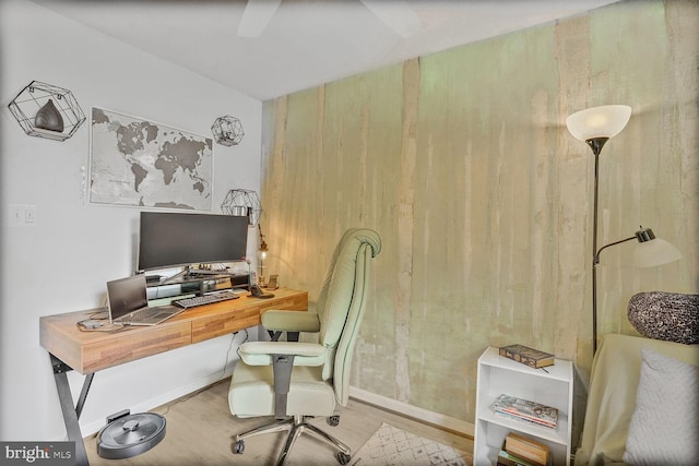 office area featuring wood finished floors and a ceiling fan
