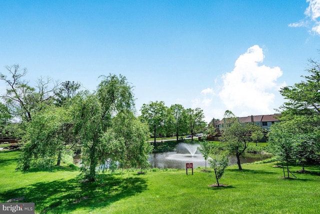 view of community with a lawn and a water view