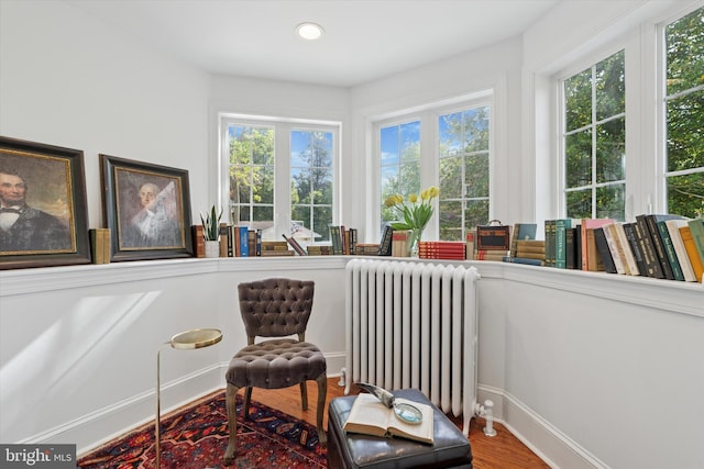 sitting room with radiator, healthy amount of natural light, wood finished floors, and recessed lighting
