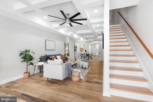 2312 Edmondson Ave, Baltimore, MD 21223 - living area with coffered ceiling, stairway, recessed lighting, beam ceiling, and a ceiling fan