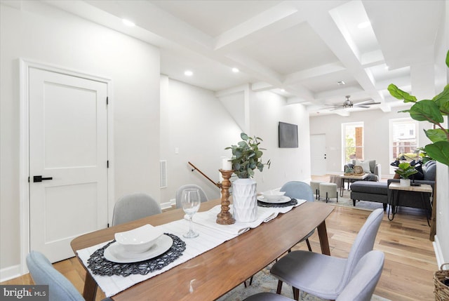 2312 Edmondson Ave, Baltimore, MD 21223 - dining room with beamed ceiling, ceiling fan, light wood-style floors, coffered ceiling, and recessed lighting