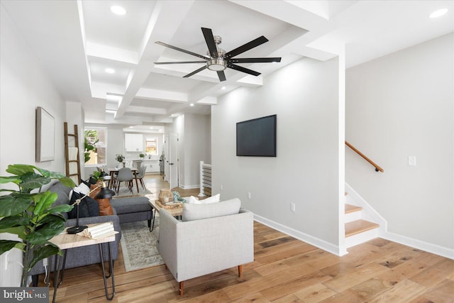 2312 Edmondson Ave, Baltimore, MD 21223 - living room featuring coffered ceiling, recessed lighting, a ceiling fan, beam ceiling, and light wood-style flooring