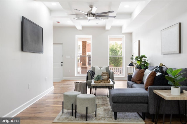 2312 Edmondson Ave, Baltimore, MD 21223 - living room featuring ceiling fan, light wood-style floors, baseboards, recessed lighting, and beam ceiling