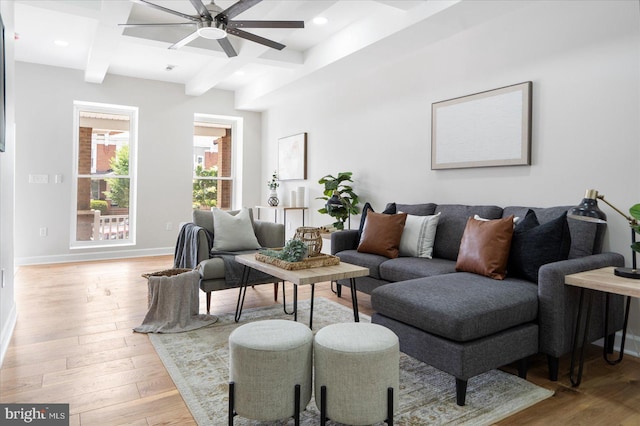 2312 Edmondson Ave, Baltimore, MD 21223 - living room with ceiling fan, beam ceiling, light wood-style flooring, baseboards, and recessed lighting