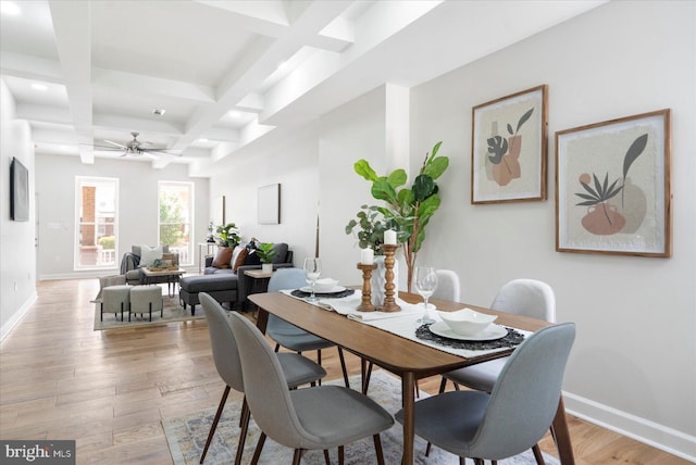 2312 Edmondson Ave, Baltimore, MD 21223 - dining space featuring coffered ceiling, ceiling fan, beamed ceiling, light wood finished floors, and baseboards