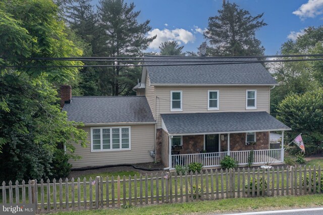 1501 Long Corner Rd, Mount Airy, MD 21771 - view of front of property with a porch, a chimney, roof with shingles, and stone siding