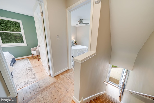 stairway with hardwood / wood-style flooring, baseboards, and ceiling fan