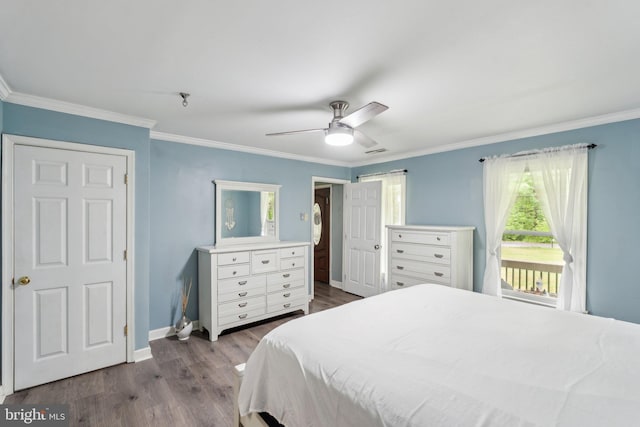 27076 Jennings Dr, Ruther Glen, VA 22546 - bedroom with access to outside, dark wood finished floors, crown molding, baseboards, and ceiling fan