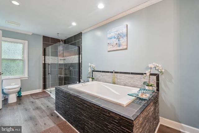 27076 Jennings Dr, Ruther Glen, VA 22546 - bathroom with baseboards, a shower stall, ornamental molding, a garden tub, and recessed lighting