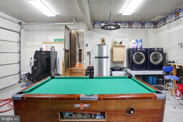 playroom with billiards, separate washer and dryer, and concrete flooring