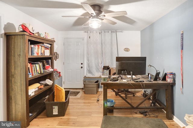 home office with a ceiling fan and wood finished floors