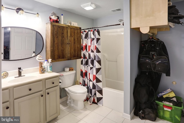 full bath featuring toilet, shower / bath combo, visible vents, tile patterned flooring, and vanity