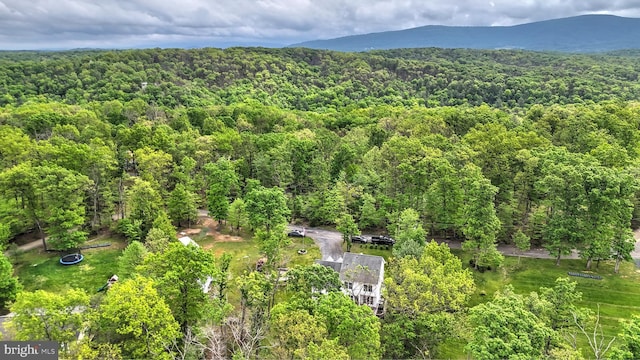 drone / aerial view featuring a wooded view and a mountain view