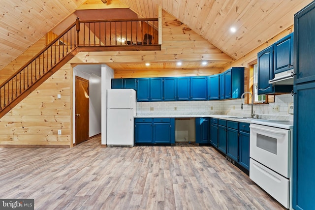 kitchen featuring white appliances, blue cabinetry, a sink, vaulted ceiling, and wood ceiling