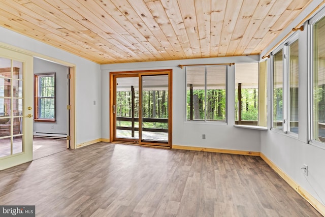 unfurnished sunroom with wood ceiling, wood finished floors, a baseboard radiator, and baseboards