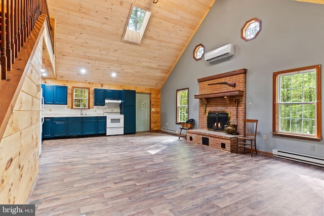 kitchen featuring electric range, blue cabinets, high vaulted ceiling, a wall unit AC, and under cabinet range hood