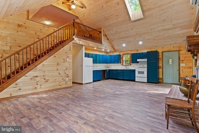 kitchen with blue cabinetry, high vaulted ceiling, white appliances, wood walls, and wooden ceiling
