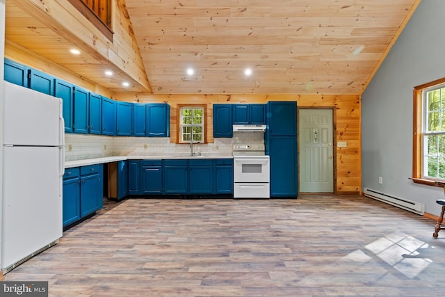 kitchen with white appliances, a baseboard heating unit, blue cabinetry, wooden ceiling, and under cabinet range hood