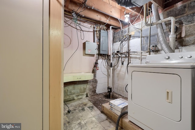 10 E Canal Rd, York, PA 17404 - clothes washing area with electric panel, laundry area, concrete block wall, and washer / clothes dryer