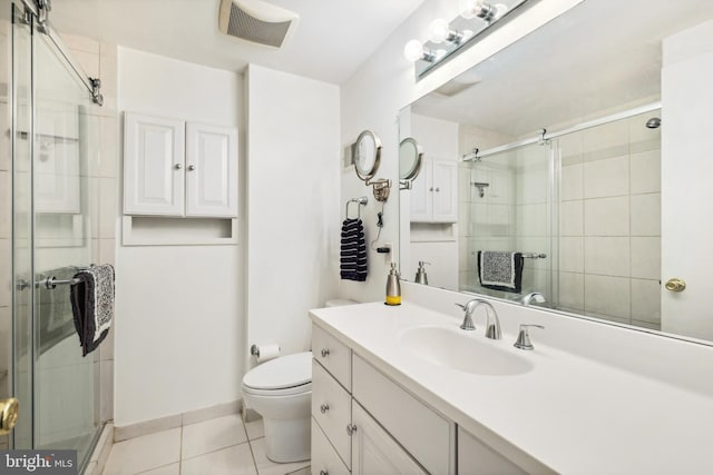full bathroom featuring tile patterned floors, a shower stall, toilet, and vanity