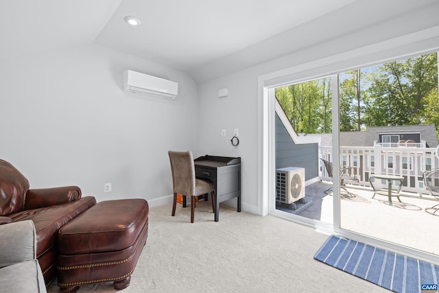 interior space with recessed lighting, an AC wall unit, baseboards, carpet flooring, and vaulted ceiling