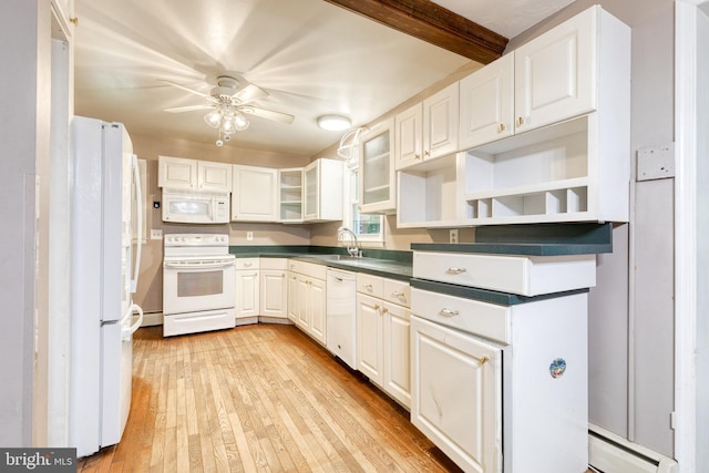 407 Stately Dr, Pasadena, MD 21122 - kitchen featuring white appliances, ceiling fan, light wood-style flooring, and white cabinets