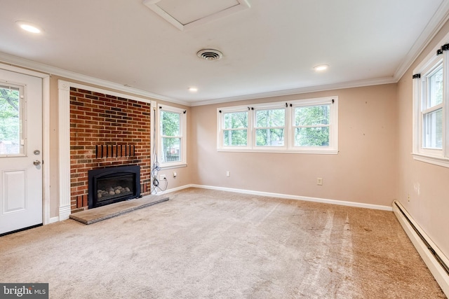 407 Stately Dr, Pasadena, MD 21122 - unfurnished living room with baseboard heating, ornamental molding, carpet, baseboards, and a fireplace