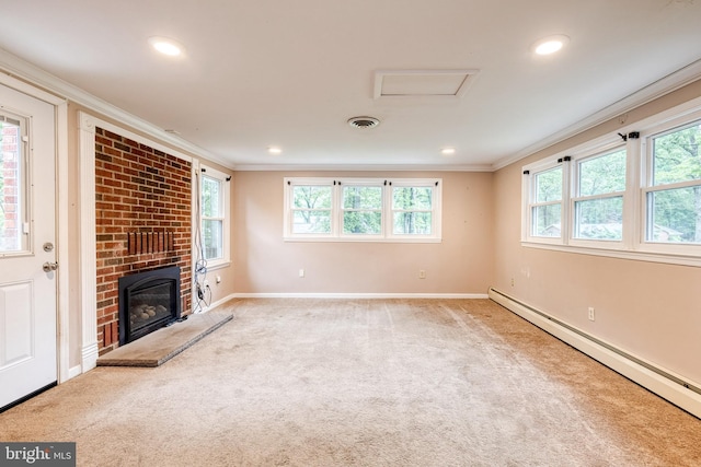 407 Stately Dr, Pasadena, MD 21122 - unfurnished living room with a baseboard radiator, crown molding, baseboards, carpet, and recessed lighting