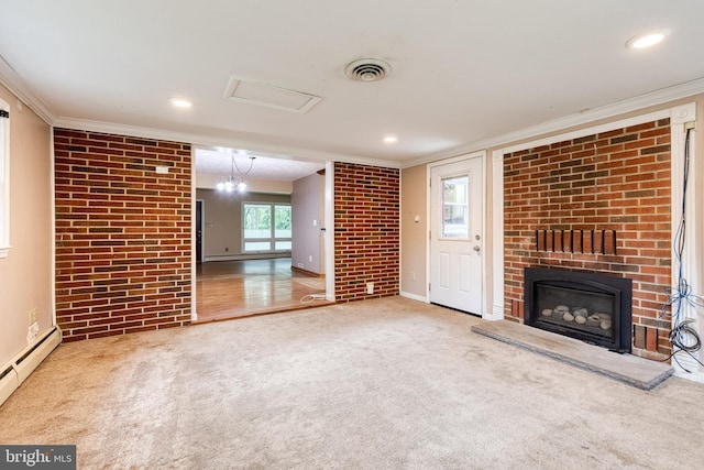 407 Stately Dr, Pasadena, MD 21122 - unfurnished living room with ornamental molding, a fireplace, a baseboard radiator, carpet, and baseboards