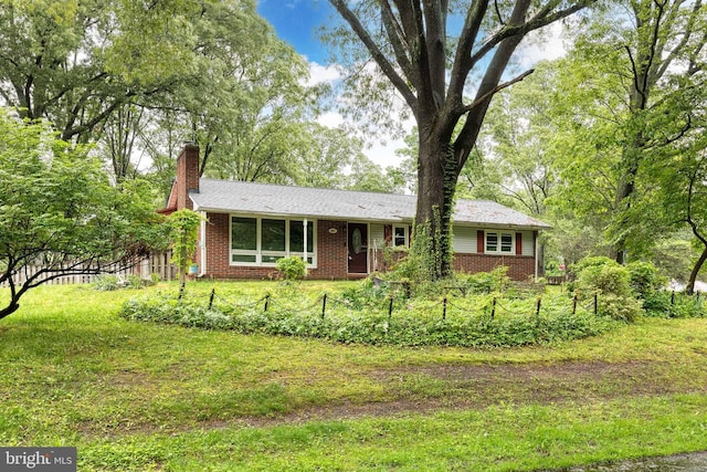 407 Stately Dr, Pasadena, MD 21122 - ranch-style home featuring a chimney, brick siding, and a front lawn