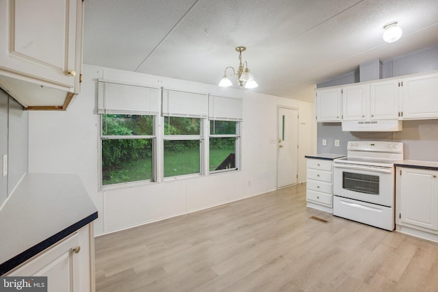 61 Brent Point Rd, Stafford, VA 22554 - kitchen with white electric stove, under cabinet range hood, light wood-type flooring, healthy amount of natural light, and lofted ceiling