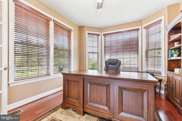 40999 Waxwing Dr, Leesburg, VA 20175 - office area featuring wood finished floors, baseboards, and a ceiling fan