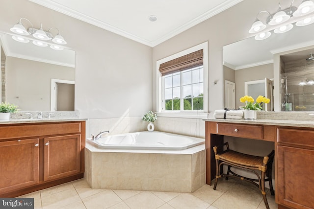 40999 Waxwing Dr, Leesburg, VA 20175 - bathroom featuring a shower stall, tile patterned flooring, a bath, crown molding, and vanity