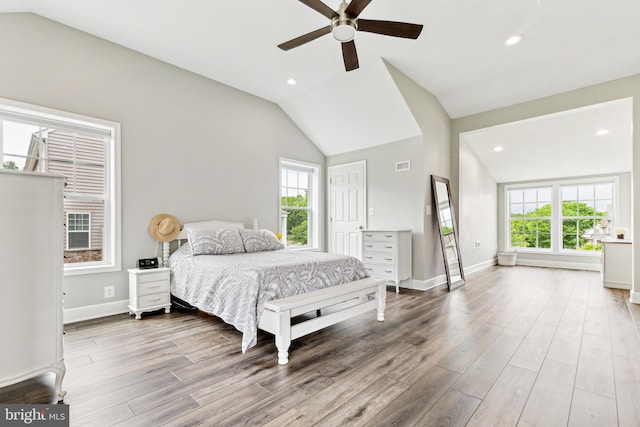 40999 Waxwing Dr, Leesburg, VA 20175 - bedroom with vaulted ceiling, wood finished floors, baseboards, recessed lighting, and ceiling fan
